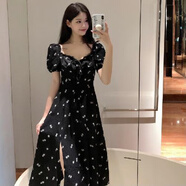 皮爾卡丹歐美風(fēng)雪紡大碼胖MM高腰顯腰黑色碎花收腰碎花開(kāi)叉泡泡袖連衣裙 黑色 2XL