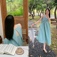 漫蔻依2025年夏季新款法式露背褶皺無袖裙女長裙夏季新款度假風時尚寬松 綠色 均碼