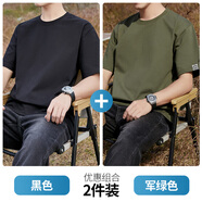 大嘴猴（paul frank）潮牌純棉短袖t恤男夏季五分半截寬松圓領(lǐng)休閑百搭打底衫上衣服裝 黑色+軍綠色【兩件裝】 2XL 【建議155-175斤】