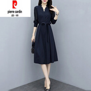 皮爾卡丹（pierre cardin）2025新款女裝春裝連衣裙V領(lǐng)收腰顯瘦打底裙法式長袖優(yōu)雅雪紡裙女 藏青色連衣裙 L