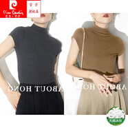 皮爾卡丹（pierre cardin）黑色半高領(lǐng)冰絲短袖t恤女夏季感內(nèi)搭打底修身針織衫正肩上衣 灰色+卡其色【兩件】 M(100-110斤)