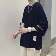 卡魯微特大碼五分袖T恤男夏季新款學(xué)生戶(hù)外中袖體恤衫學(xué)生休閑t恤男裝 藏青色 3XL