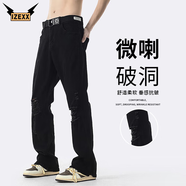 IZEXX破洞牛仔褲男秋美式高街vibe寬松嘻哈直筒休閑長(cháng)褲子IZ008黑色L