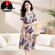 皮爾卡丹（pierre cardin）時(shí)尚桑蠶絲套頭圓領(lǐng)連衣裙今年新款中長(zhǎng)款氣質(zhì)真絲裙子夏 圖片色 XL