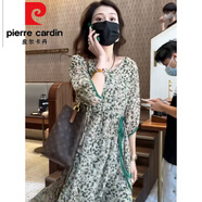 皮爾卡丹（pierre cardin）印花真|絲桑蠶|絲連衣裙女2022夏季喬其碎花雪紡連衣裙梨形身女裝 綠色 碎花連衣裙 S (80-100斤)