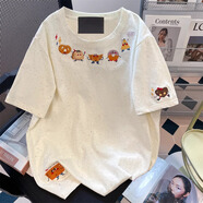 燦圖彩點刺繡純棉短袖t恤女夏季寬松潮流正肩五分半袖小眾高級感上衣 杏色 XL 【建議120-140斤】