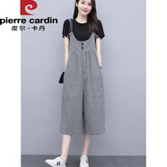 皮爾卡丹夏季2025新款時(shí)尚背帶褲女韓版寬松闊腿褲七分連體褲大碼吊帶褲子 單褲子 L 98-115斤