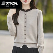 FYVZVL秋冬100%純棉針織衫女圓領(lǐng)拼色紐扣長(zhǎng)袖毛衣寬松開叉套頭打底上衣 茶駝色 XL