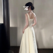 沐霓法式赫本風(fēng)吊帶連衣裙子女氣質(zhì)白色夏季純欲無袖長裙顯瘦通勤a字 米白色【建議90-120斤】無披肩