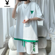 花花公子休閑運動(dòng)套裝男夏季華夫格潮牌短袖T恤男兩件套短褲一套衣服寬松 白色 LRB-T04套裝 M