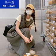 奈加圖復(fù)古時尚休閑工裝裙微胖遮肉顯瘦系帶收腰連衣裙長裙兩件套裝裙 A1013-灰色套裝裙 M 建議(80-100斤)