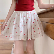 閨哲碎花蓬蓬裙半身裙女夏季2025新款短裙高腰顯瘦A字裙傘裙裙子半裙 紅色櫻桃 (帶安全褲) L 建議101-115斤