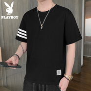 花花公子（PLAYBOY）夏季純棉短袖T恤男士冰絲薄款透氣半袖t潮流牌情侶學(xué)生大碼上衣服 21黑色 2XL 【建議155-170斤】