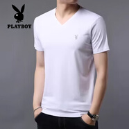 花花公子（PLAYBOY）V領(lǐng)男士短袖t恤2025夏季新款冰絲修身半袖體恤衫青年男裝圓領(lǐng)T恤 V領(lǐng)白色【短袖【單件 4XL 建議155-170斤