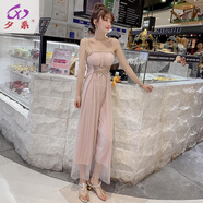夕系2025新款網(wǎng)紗連體褲女夏吊帶高腰闊腿褲氣質(zhì)超仙女背帶褲裙 藕色單連體褲 S