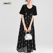 莎妮朵羅大碼女裝胖mm顯瘦連衣裙中長款遮肉氣質(zhì)新款2025夏季長裙子20370 黑色 4XL 建議160-180斤穿著