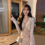 萬(wàn)欣兒超仙防曬衣女薄款開(kāi)衫小披肩夏季配吊帶裙子外搭網(wǎng)紗罩衫雪紡上衣 米白色 L 建議110-120斤