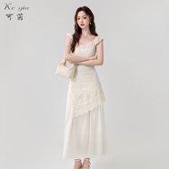 可茵（Keyin）假兩件連衣裙女2025年夏季新款簡(jiǎn)約輕奢重工蕾絲邊中長(cháng)款裙子女 杏色 XL