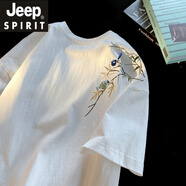 JEEP SPIRIT吉普新中式國風(fēng)棉短袖t恤男夏季白色竹葉上衣潮流半袖體恤男裝新 白色 S 90-110斤