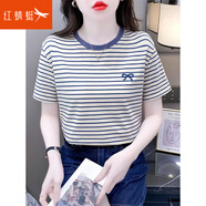 紅蜻蜓純棉短袖t恤女寬松2025夏季新款條紋半袖體恤衫夏季寬松正肩上衣 藍條 L