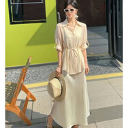 羅蒙綢緞連衣裙兩件套女歐洲站2025春夏新款遮肚顯瘦天絲收腰襯衫吊帶 米黃色 套裝 L 建議110-140斤