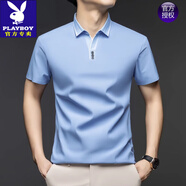 花花公子（PLAYBOY）高檔夏季男士中年翻領(lǐng)短袖T恤錦氨無痕半袖剪刀領(lǐng)polo衫體恤男 HH2518天藍(lán) M 推薦110斤以內(nèi)