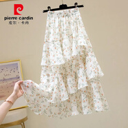 皮爾卡丹（pierre cardin）2025夏季不規則荷葉邊a字ins超仙蛋糕裙小清新新款碎花半身裙 白色花 L (建議110-120斤)