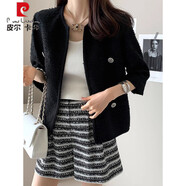 皮爾卡丹（pierre cardin）韓國chic夏季氣質(zhì)小香風(fēng)圓領(lǐng)鑲邊設(shè)計(jì)寬松百搭粗花呢開衫短外套女 黑色 均碼