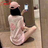 克羅心艦旗立體燙鉆圓盤克羅心十字架短袖T恤女小眾設(shè)計(jì)休閑寬松店 粉色 S