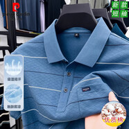 皮爾卡丹（pierre cardin）短袖t恤男絲光棉夏季翻領(lǐng)帶口袋格子體恤衫爸爸純棉透氣休閑上衣 淺藍 2XL 推薦【155-168斤】