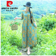 皮爾卡丹（pierre cardin）棉麻連衣裙棉綢女2025春夏新款民族風大尺碼收腰顯碎花a字中長裙 花色黃花756 M (105)