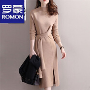 羅蒙（ROMON）針織連衣裙女2024春秋冬新款半高領(lǐng)長(zhǎng)袖收腰顯瘦中長(zhǎng)款毛衣裙子女 駝色 M
