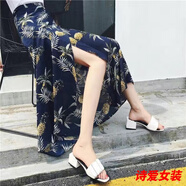 美安嘉一片式雪紡裙不規(guī)則半身裙系帶大擺沙灘裙長裙子 藍底菠蘿 均碼