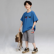 大嘴猴（paul frank）童裝夏季套裝2025新夏款男女童休閑短袖短褲中大童運動(dòng)時(shí)髦兩件套 藏藍+灰色 160