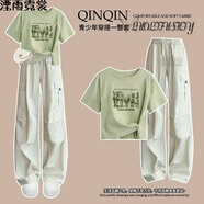 湮雨霓裳工裝褲套裝2025新款女士夏季衣服新款正肩短袖T恤學(xué)生夏裝闊腿褲 上衣+褲子 M 建議80-100斤
