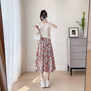 閨哲小清新印花半身裙女2025高腰新款松緊腰顯瘦中長(cháng)款碎花裙a字裙夏 粉色花朵【面料】 M 建議100-110斤