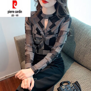 皮爾卡丹（pierre cardin）圓領(lǐng)時(shí)髦內(nèi)搭上衣扭結(jié)網(wǎng)紗打底衫時(shí)尚洋氣春秋冬裝新款長(zhǎng)袖T恤女 格子(常規(guī)款) M