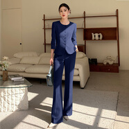 淺藍色西裝套裝女職業(yè)正裝氣質(zhì)圓領(lǐng)售樓部酒店前臺講師教師工作服 藏青長(cháng)袖西裝+喇叭褲 M （建議95-105斤）