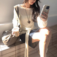 HUALIN FASHION純色系帶鏤空毛衣女春季韓版休閑上衣 米白色 均碼