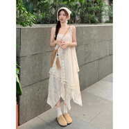 夏蓓朵大碼吊帶連衣裙女2025夏季寬松不規(guī)則法式長裙胖MM感蕾絲鏤空裙子 米色假兩件 L (100~120斤)