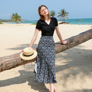 三彩2025夏季新款碎花半身裙高腰開(kāi)叉雪紡A字裙浪漫長(cháng)裙清新M