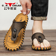 公牛世家（G.N.Shi Jia）人字拖男士夏季外穿防滑耐磨高端真皮越南泰國進(jìn)口涼拖鞋 卡其色 40
