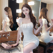 新欲法式純欲性感網(wǎng)紗流蘇連衣裙設計感辣妹時(shí)尚氣質(zhì)收腰褶皺包臀短裙 白色 均碼 s