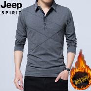 JEEP SPIRIT吉普春裝男士體恤有領(lǐng)純棉長袖T恤翻領(lǐng)加大碼修身上衣胖人打底衫 深灰【加絨款】 2XL 建議156-175斤
