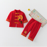 鵬優(yōu)嬰兒唐裝大紅色滿月百歲服新生兒衣服春秋裝薄夾棉寶寶套裝純棉 紅色吉祥如意兩件套 66 （建議0-3月）