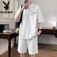花花公子（PLAYBOY）白色短袖短褲套裝男夏季翻領半袖t恤男青少年一套帥氣搭配體恤衫T D3355白色套裝 M 約90~115斤可穿