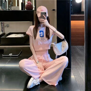 BMOI新款夏季休閑運動(dòng)套裝女士露肚臍短袖上衣+高腰闊腿褲套裝兩件套 粉色套裝【兩件套】 M 建議90-105斤
