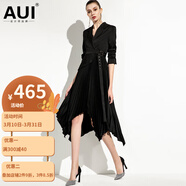 AUI 連衣裙女歐洲站2022秋季新款女裝氣質(zhì)時尚中長款長袖百褶裙子 黑色 S
