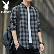 花花公子（PLAYBOY）長袖襯衫男寬松春秋季潮流格子襯衫男士休閑襯衣外套 黑灰  M 