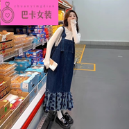 NJTD韓版牛仔背帶連衣裙2025春秋夏季學(xué)院風(fēng)花瓣兩件套裝顯瘦長裙 裙子加t恤套裝 均碼 s